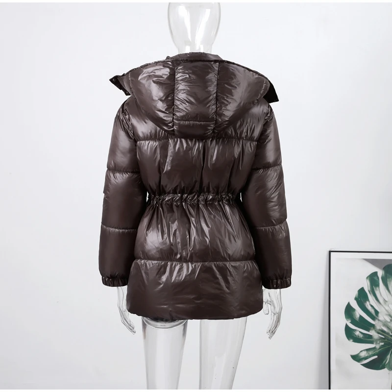 Women's Winter Jacket Hooded Drawstring Zipper Stand-Up Collar Lace Up Winter Jacket Female Loose Casual Chic Jackets For Ladies