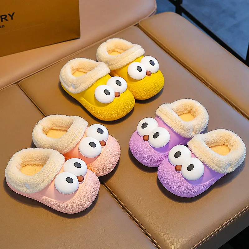 3‑10Y Kids Plush Cotton Slippers Boys Girls Cute Anti‑Slip Warm Autumn Winter Indoor Home Shoes