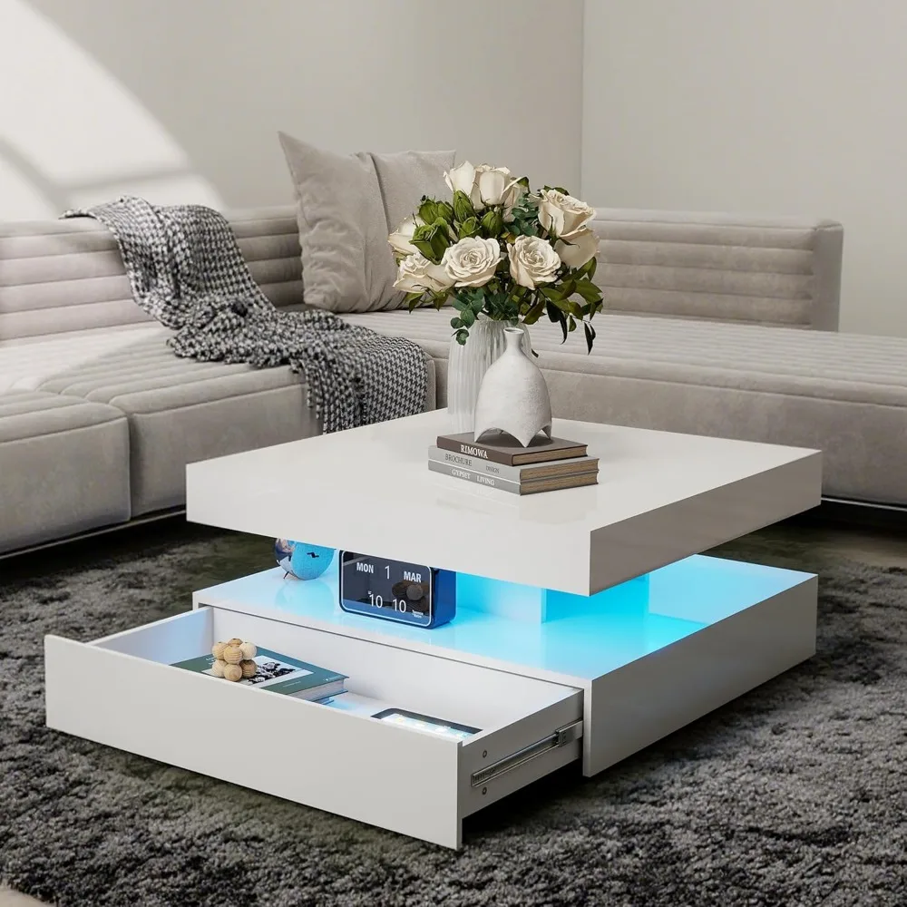 

LED Coffee Table for Living Room, 2-Tier Modern Square Center Table with Music Sync Lights, High Gloss Surface, 30 3/4 x 30 3/4
