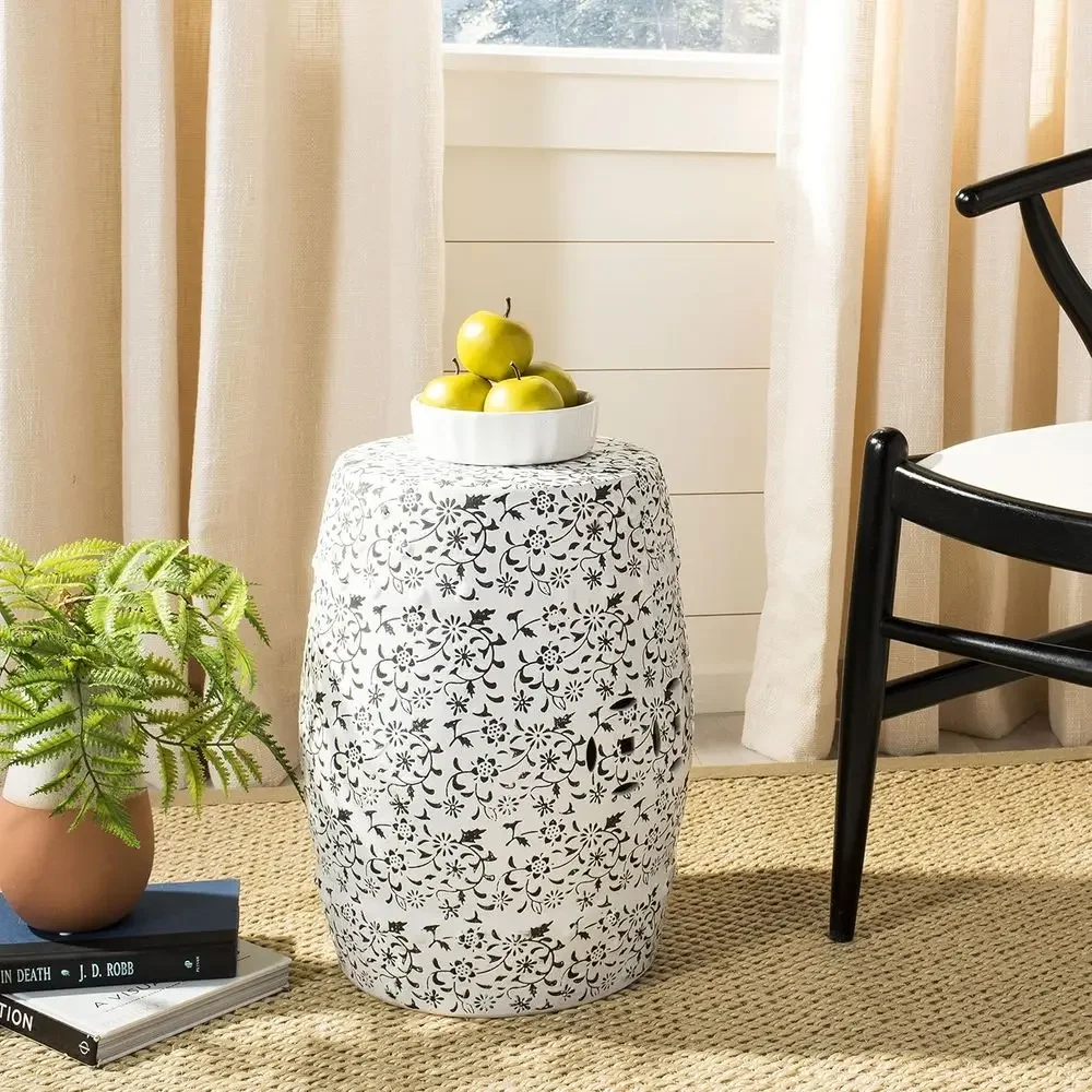 Decorative Garden Stool, White and Charcoal Accents