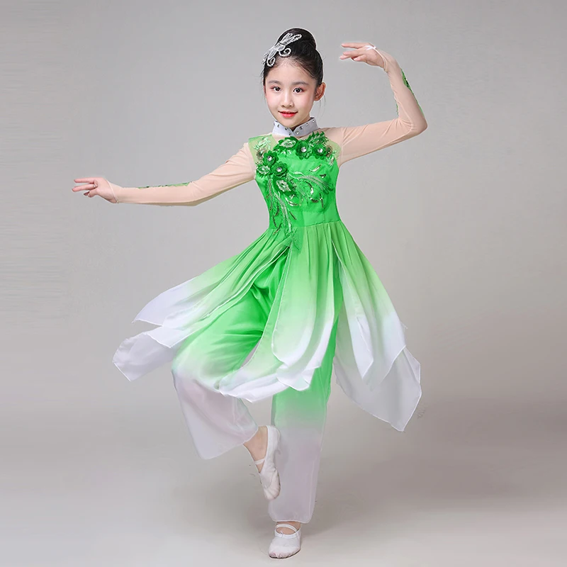 Costumes Yangge pour enfants Fan danse robe Hanfu moderne filles enfants Style chinois pratique Yangge gaze Costumes de spectacle