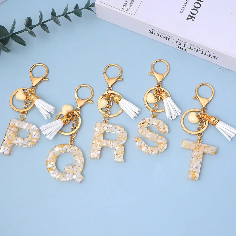 White Stone Filled Resin Letter Keychain A-Z 26 Initials Name With Key Holder Tassel Heart Pendant Girls Handbag Backpack Decor