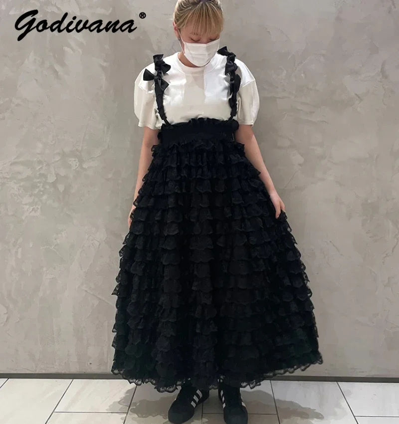 Japanese Heavy Industry Super Fairy Multi-Layer Lace Stitching Bow Strap Cake Dress Girl Women\'s Sweet  Princess Sling Dress