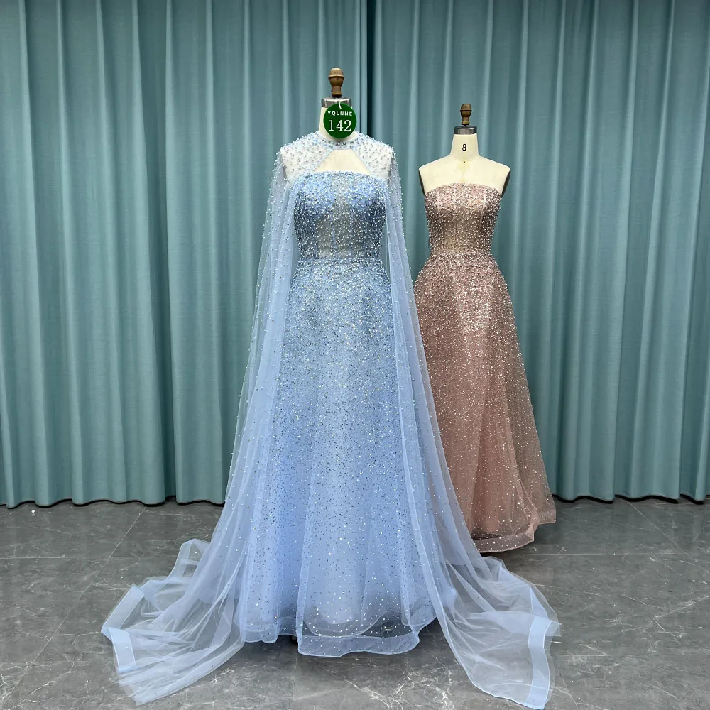 

YQLNNE 0142 Dubai Rose Gold Pearls Beaded Mermaid Evening Dresses Party Gown