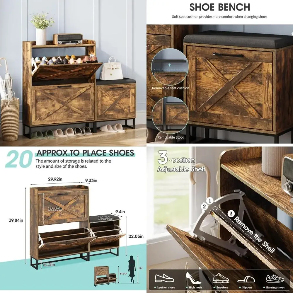 خزانة أحذية ريفية للمزرعة مع مقعد وأدراج تخزين ومقعد مبطن للمدخل