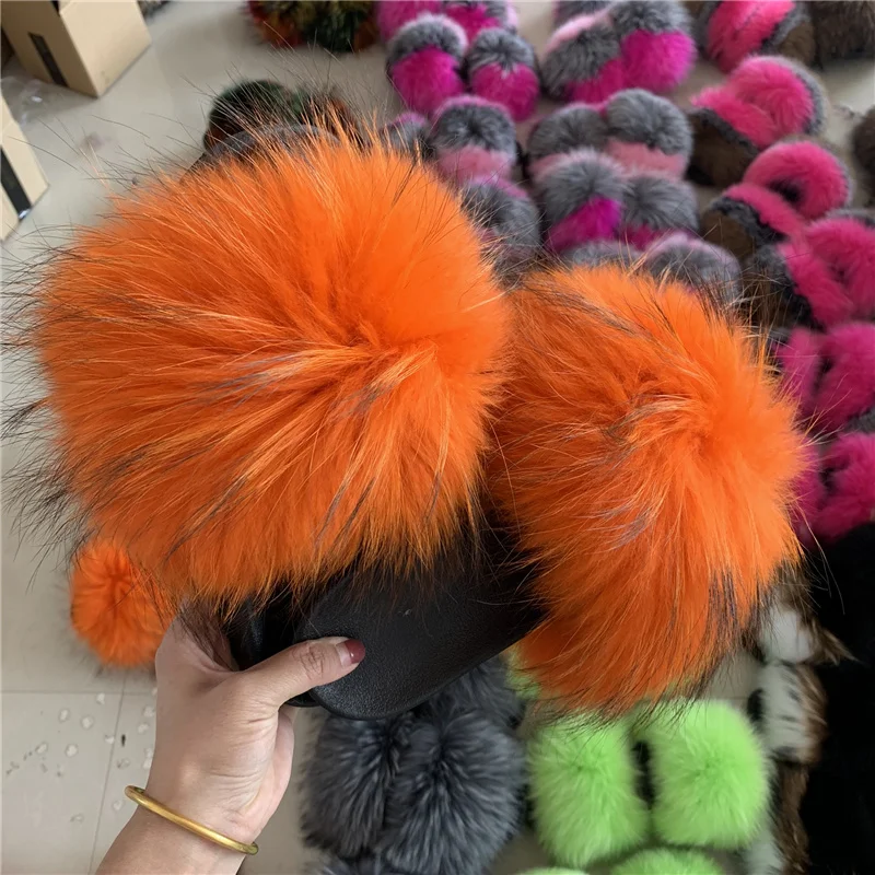 Perfect Wholesale Fashionable Slides Fox Raccoon Fur Slippers for women