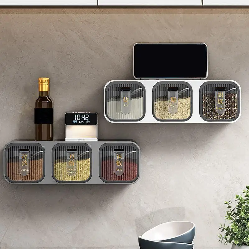 【xxx】Wall-Mounted Integrated Multi-Spice Box Set Kitchen Home Goods Moisture-Proof Storage Salt Seasoning Can Rack[S14]