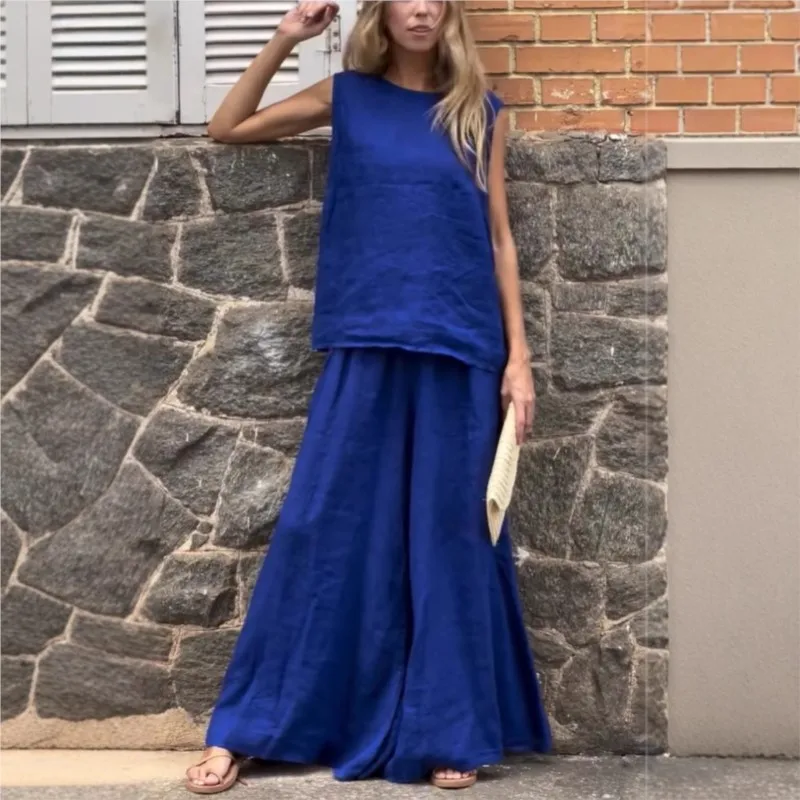 

Casual Loose Linen Cotton Two Piece Sets Women's Outfits Summer Solid Color Sleeveless Tops + Big Swing Wide Leg Pants Set