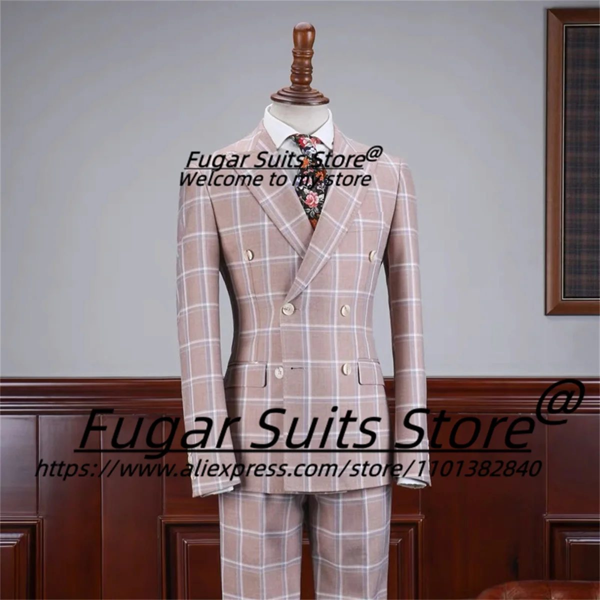 

Pink Double Breasted Plaid Men Suits Slim Fit Peak Lapel Groom Tuxedos 2Pcs Sets Business Male Blazers terno masculinos completo