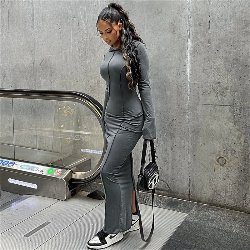 

2024 Woman Autumn Winter New Fashion Hooded Slim-fit Bag Buttock Bottom Dress Female Street Style Casual Splicing Long Dress