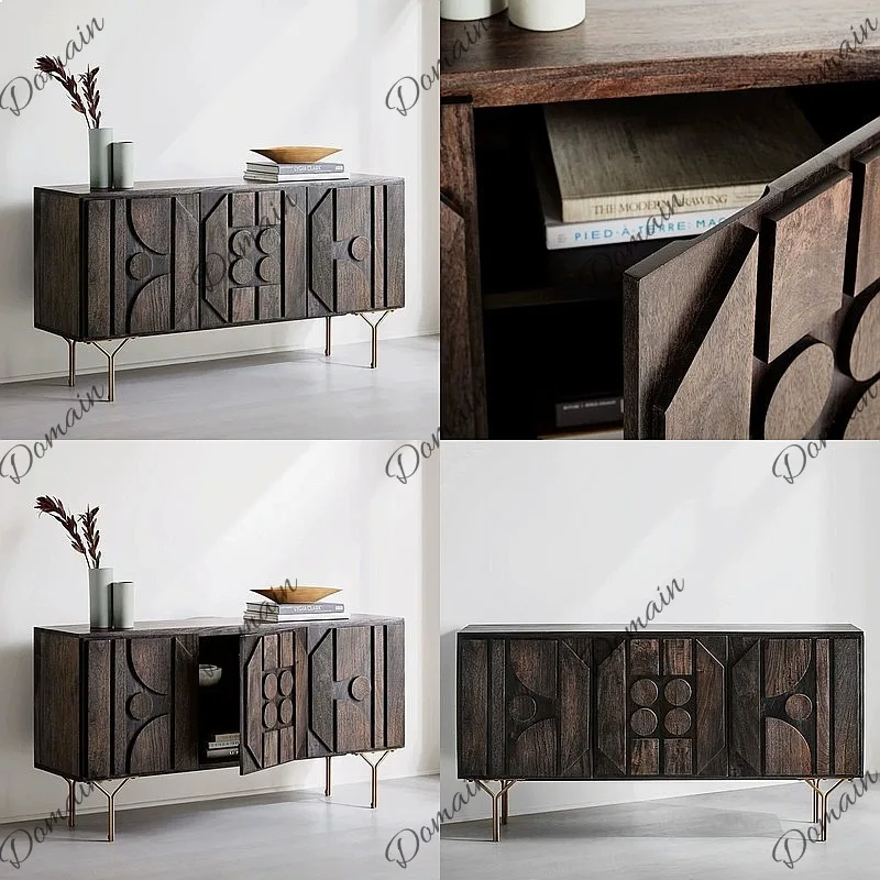 SJ Solid Wood Geometric Carved Sideboard French Vintage Wabi-Sabi Style Storage Cabinet for Living Room Entryway