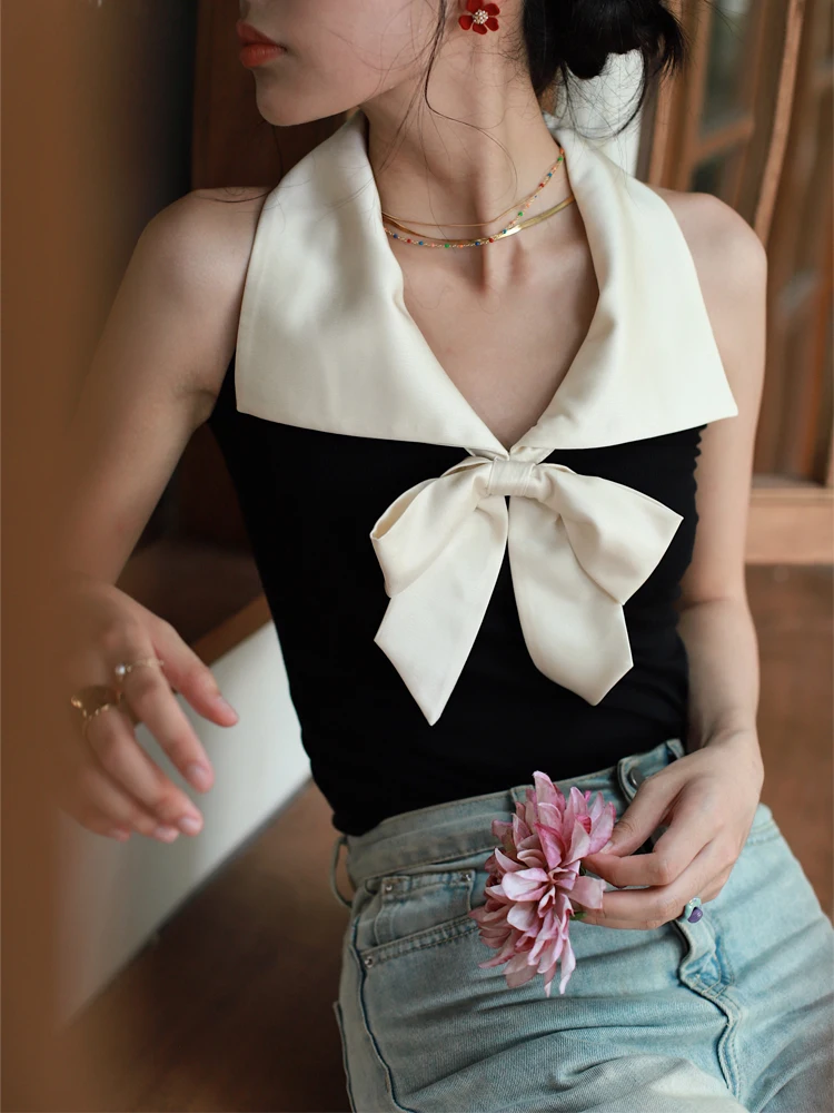 Otherbela Chaleco Retro de Color en Contraste con Nudo y Cuello Camisero, Estilo Blogging, Cuello en V, Ajuste Delgado, Verano