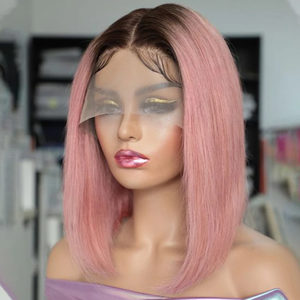 Perruque Bob Lace Front Wig naturelle lisse rose ombré, cheveux courts, transparente, Wiltshire, nœuds blanchis, pre-plucked, pour femmes