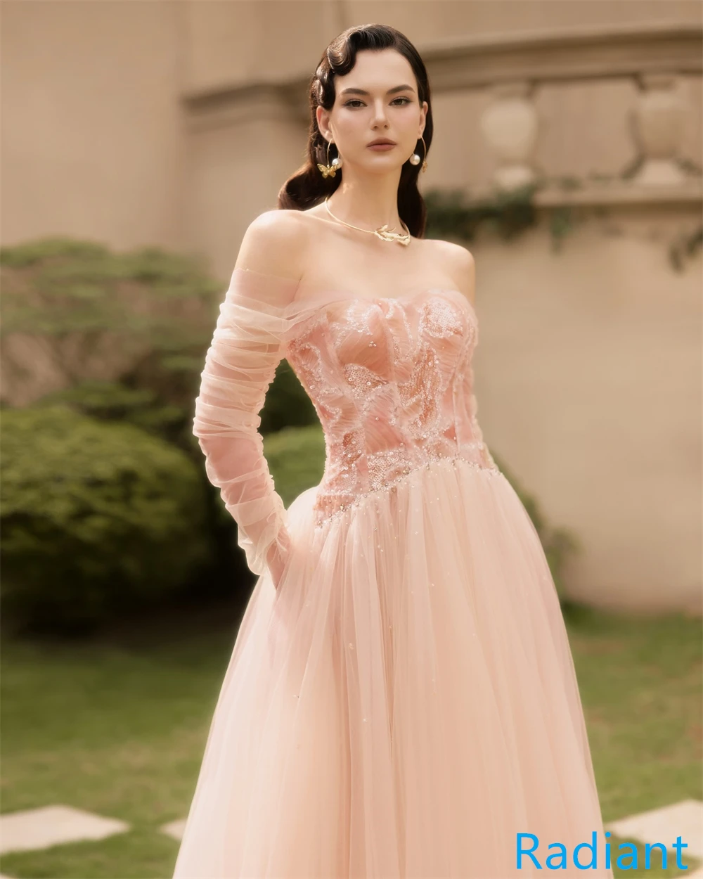 Personalizado requintado rosa tule vestido de noite barco pescoço fora do ombro mangas compridas vestido de festa de noiva apliques