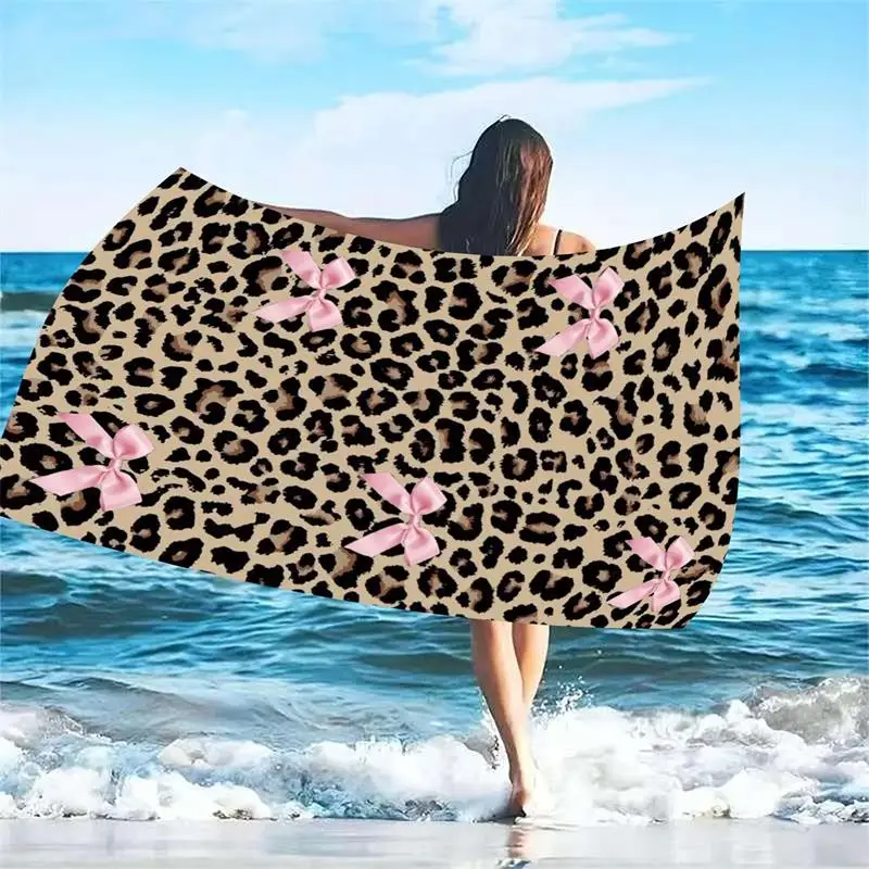 1PC Extra Large Ultra Soft Sexy Leopard Print Beach Towel with Beautiful Butterfly Knot Quick Dry Ultrafine Fiber Strong Wrap De