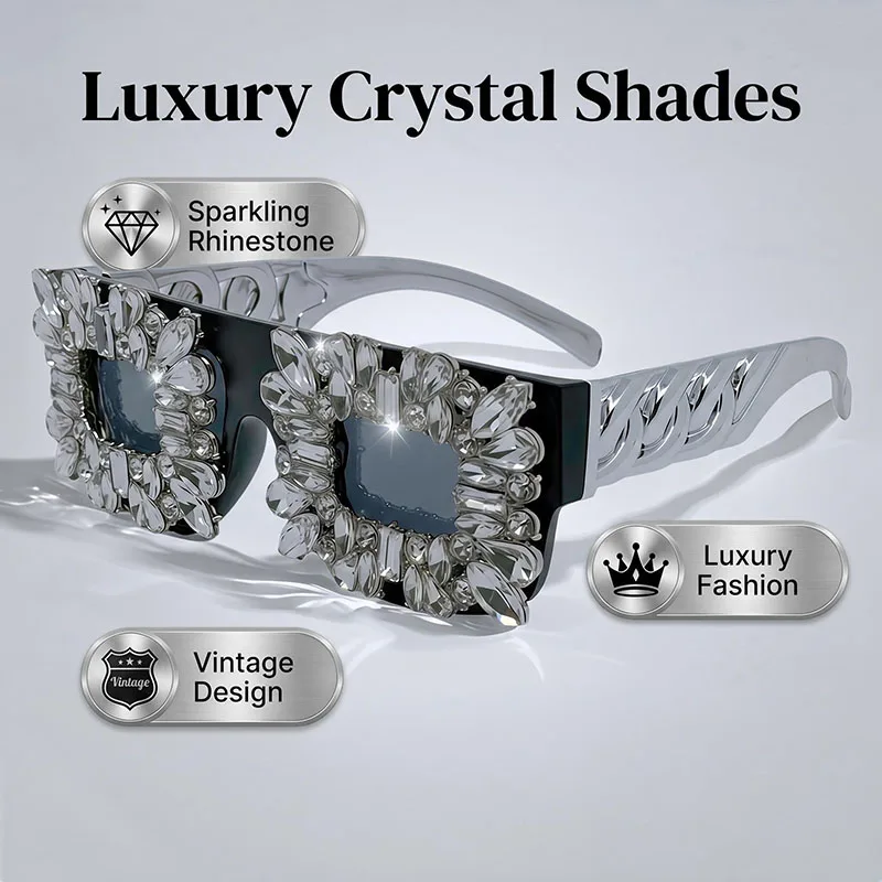 Exaggerated Bling Rhinestone Square Glasses Women Luxury Silver Chain Leg Statement Eyewear For Party Nightclub Rave Festival view 2