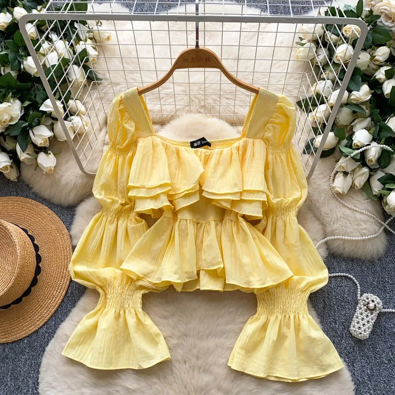 

OCEANLOVE Woman Shirts&blouses Ruffles Sweet Flare Sleeve Square Neck Blusas Mujer Korean Fashion Elegant Short Camisas