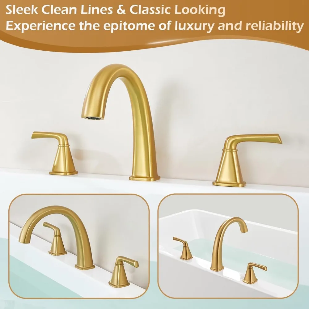 صنبور حوض روماني عالي التدفق معقوفة على سطح السفينة باللون الذهبي المصقول لأحواض الحديقة، 3 فتحات، لمسة نهائية ذهبية مصقولة #6