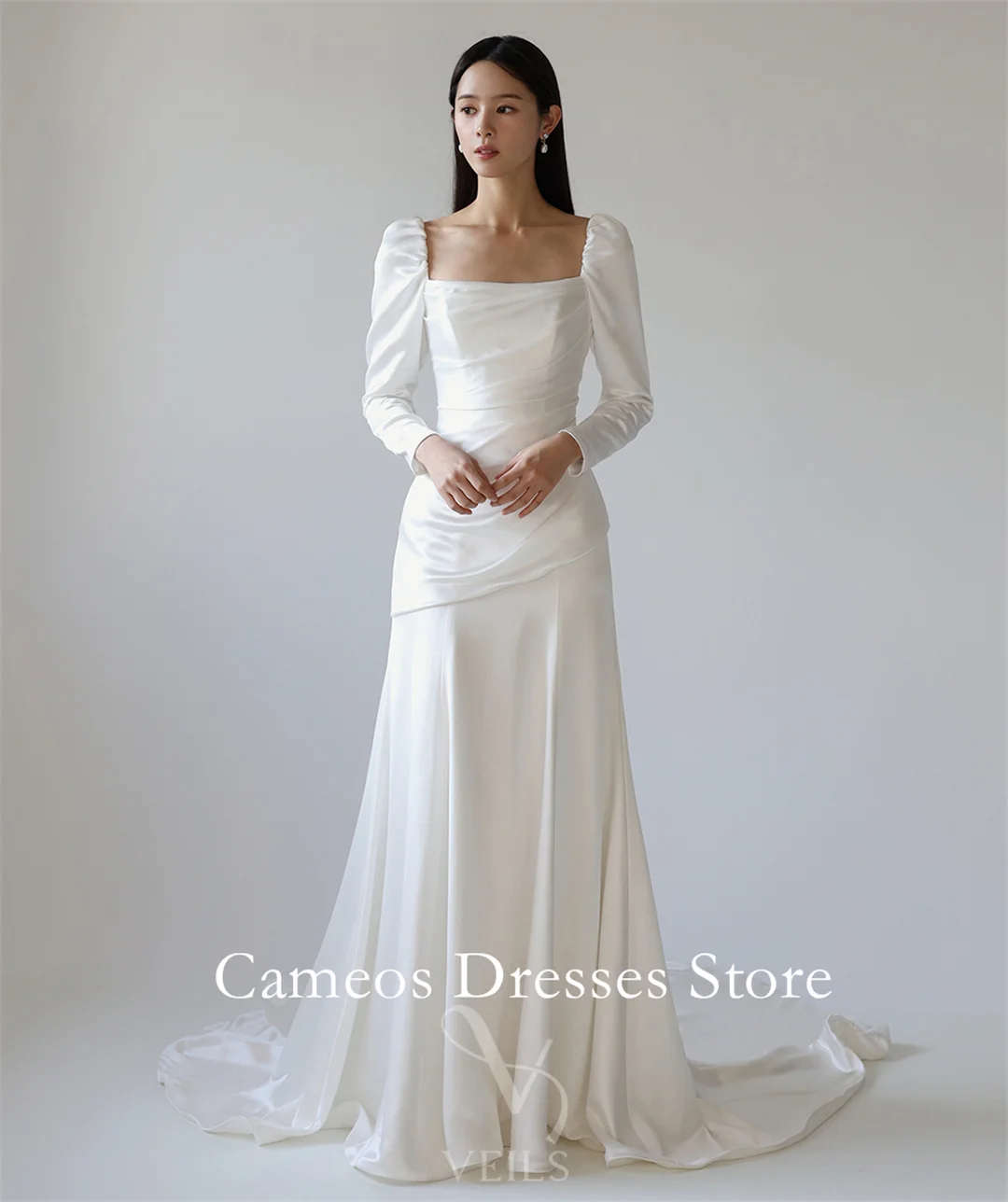 Sondr personalizado pescoço quadrado mangas compridas vestidos de casamento simples sereia cetim espartilho coreia vestidos de noiva feminino