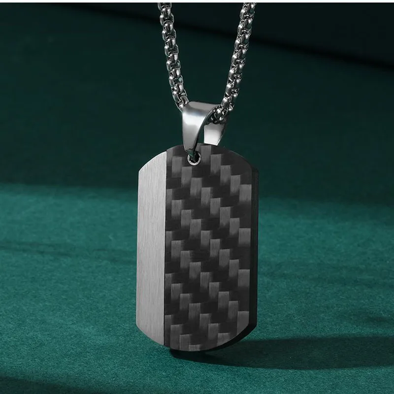 Koaem Hot Military Brand Pendant Men\'s Stainless Steel Dog Tag Twill Forged Plaid Pattern Solid Carbon Fiber Necklace