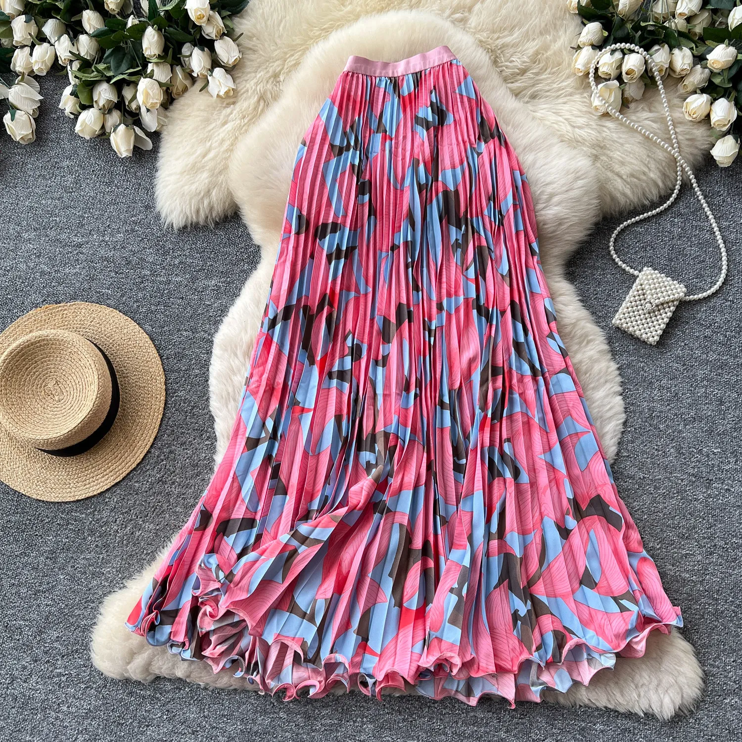 

Vintage Leaf Print Pleated Elastic Waist Fashion Long Maxi Skirt for Women Summer Holiday Casual High Waist Commuter Long Skirts