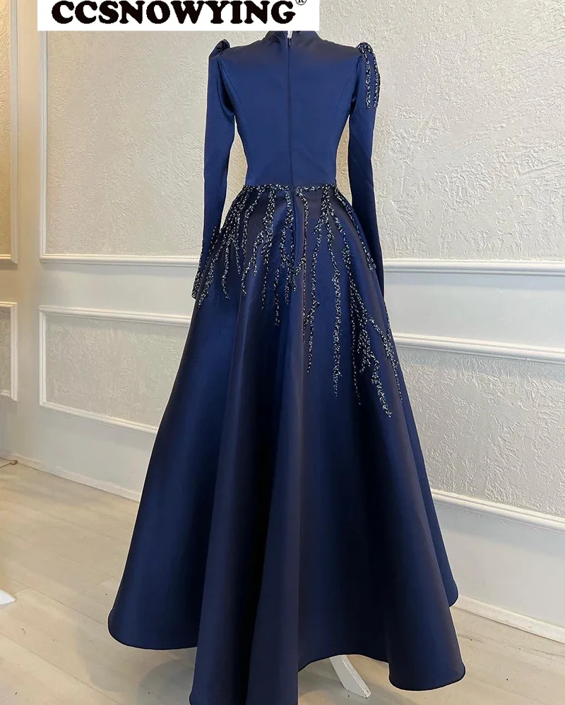 Navy Satin Beaded Long Sleeve Hijab Muslim Evening Dresses Moroccan Caftan High Neck Formal Party Ball Gown Robe De Soiree