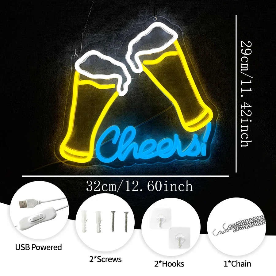 Cheers Neon Sign Cocktails Bar Led Sign Cheers Neon Signs，for Home Pub Party Club Restaurant Shop Bar Lights Decor Gifts