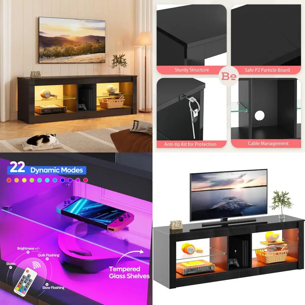 65 Inch TV Stand with LED Lights - Modern High Gloss Entertainment Console Table featuring Storage Shelves for Living Room