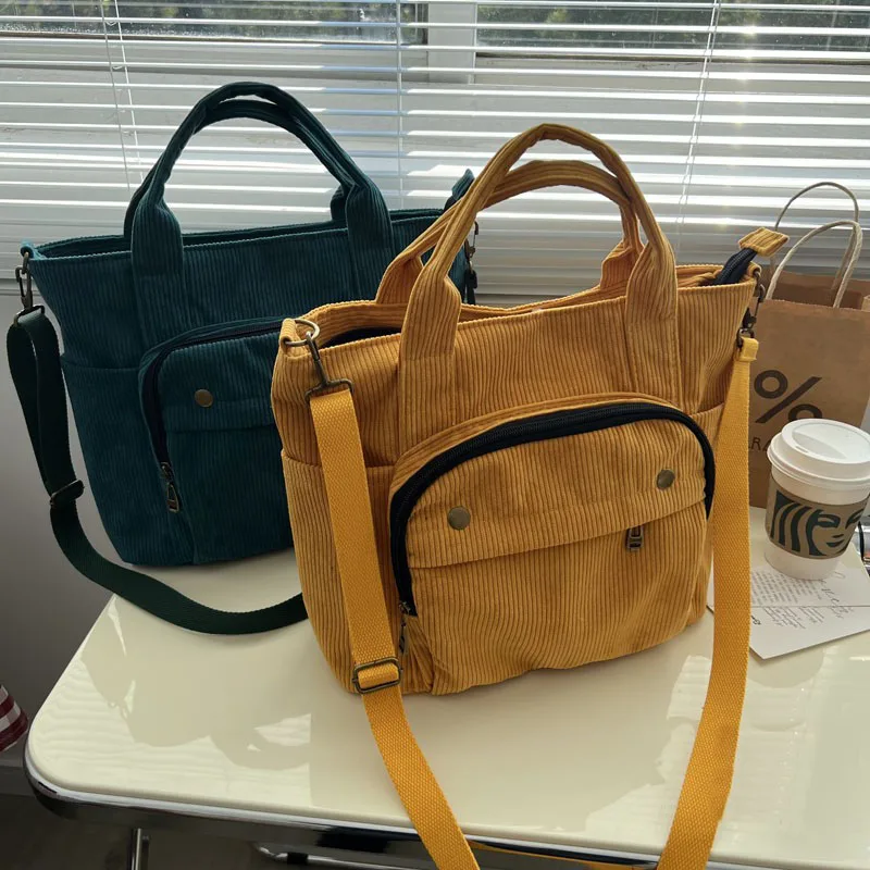 Women Corduroy Shoulder Tote Solid Color Casual Handbag Fashion Canvas Messenger Bags Zipper Simple Crossbody Bag