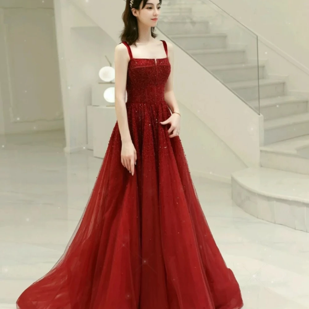 Red Crystal Luxury New Arrive Glitter Court Train Straps with Diamond A-Line Formal Evening Dresses for Women Wedding Gowns