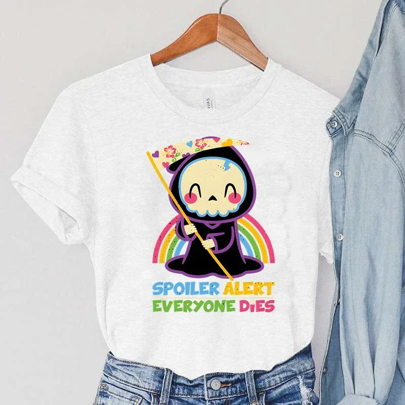 SPOILER ALERT Everyone Dies graphic tshirts Skull Cartoon Rainbow Print Women's Clothing Vintage90s Sickle Women T-Shirts