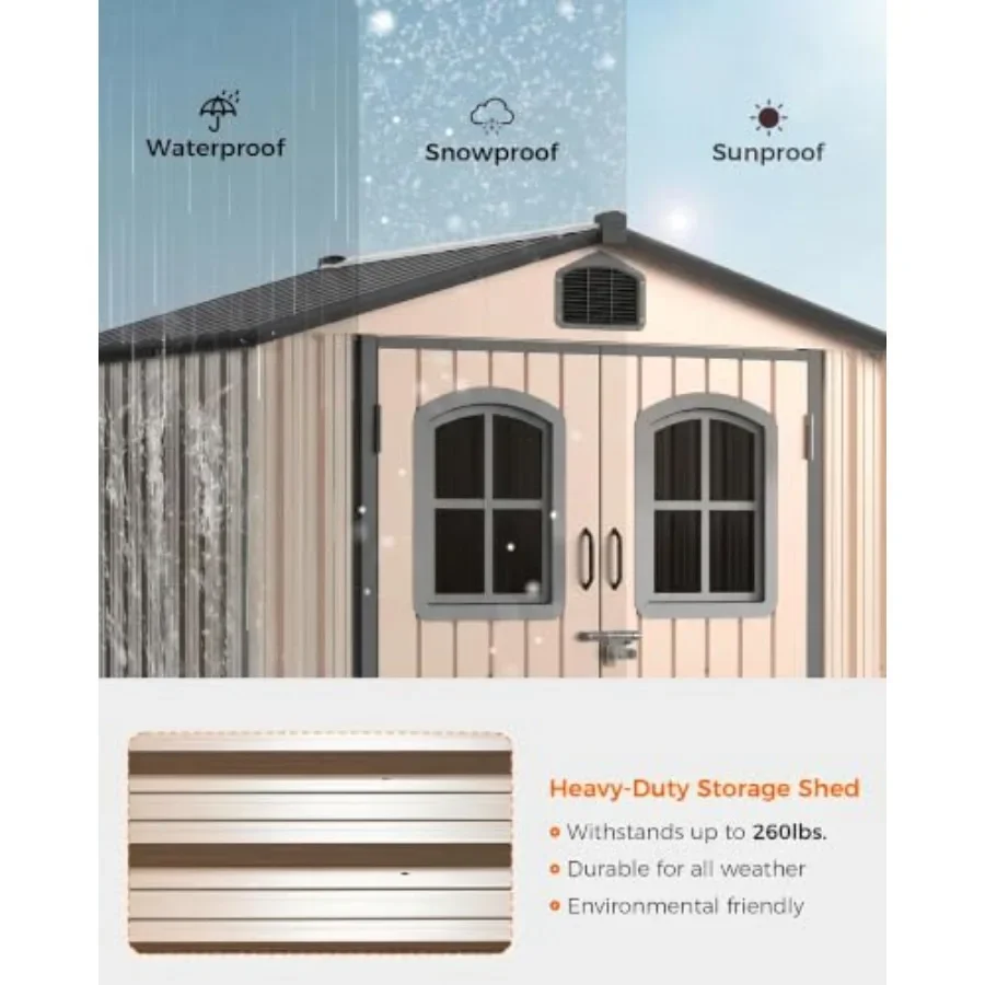 Outdoor storage shed for garden tools, heavy-duty galvanized steel, gray, weatherproof with double doors and 2 windows for bike