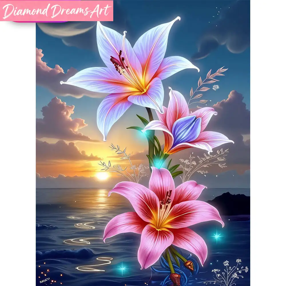Rahmenlos, Neuheit: Diamant-Stickerei Lilien-Blumen-Mosaik DIY-Muster für Erwachsene und Anfänger, Diamantmalerei Sonnenuntergang Handgemacht G