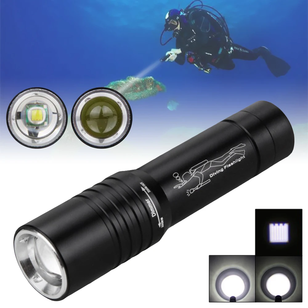 Mini Diving Flashlight Underwater 30m Rotate Focus Zoom XML T6 LED Diving Torch Bright IPX8 Waterproof Dive Light Lamp 18650