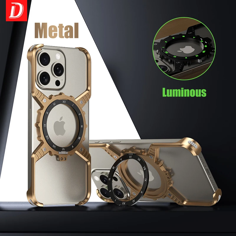 Luxury Metal Magnetic MagSafe Luminous Stand Phone Case For iPhone 14 13 15 16 Pro Max Plus Aluminum Hollow Rimless Bumper Cover