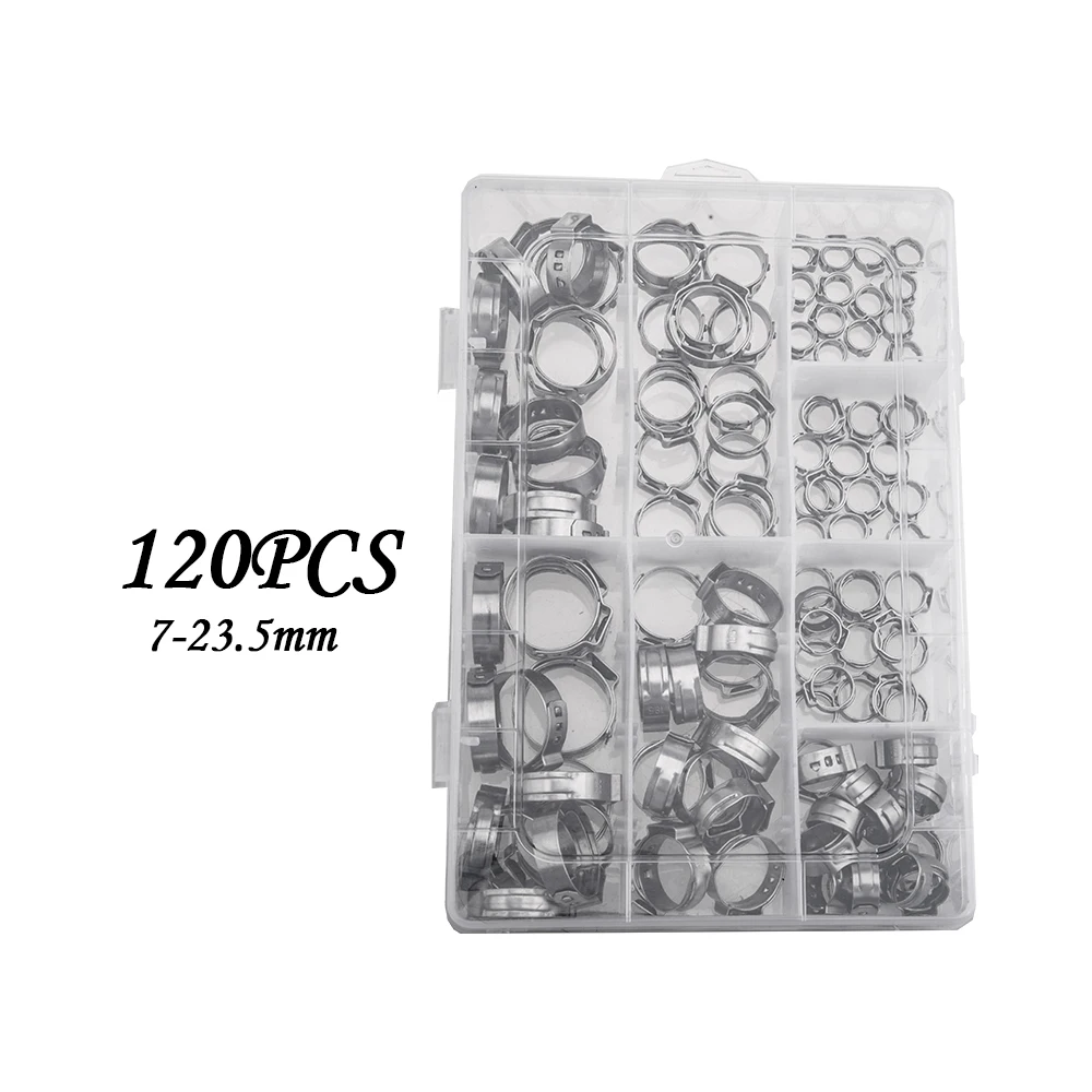 120PCS 7-23.5MM 304 Stainless Steel Single Ear Stepless Hose Clamps Cinch Clamp Rings for Sealing Kinds