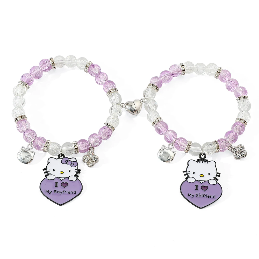 Sanrio Hello Kitty Couple Bracelets coeur magnétique correspondant bracelet perles de cristal amoureux bijoux 2 pièces pour hommes et femmes