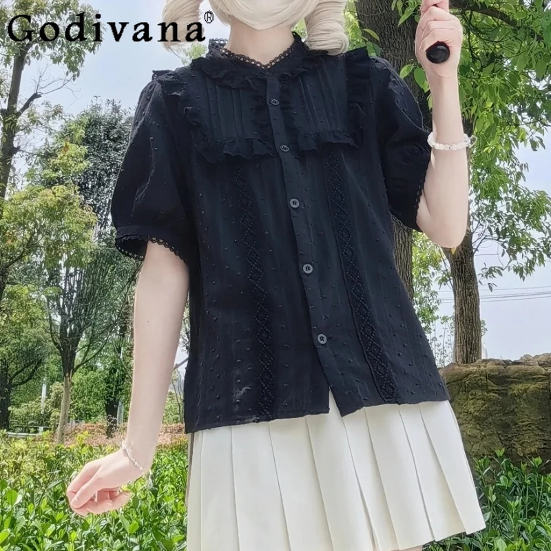 

Lolita Elegant Lace comfortable Cotton Short Sleeve Shirt Girls 2025 Summer New Stand-up Collar Sweet Loose Age-reducing Top