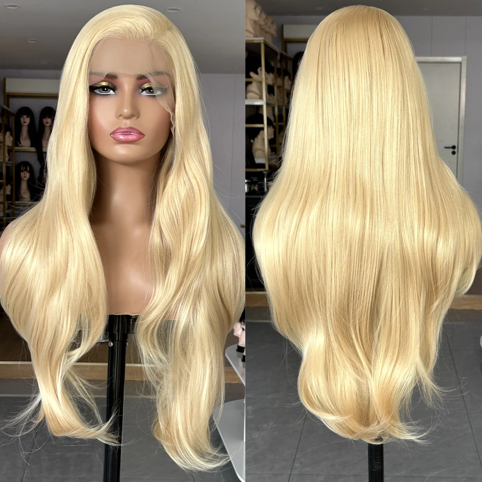 Peluca rubia larga ondulada Natural para mujer, pelo sintético con malla Frontal en capas, color platino, 13x4, rubio miel