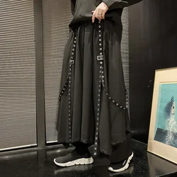 2025 Men Ribbon Dark Black Wide Leg Pants Male Punk Gothic Harem Trousers Kimono Skirt Pants Winter Women Irregular Big Hem Pant