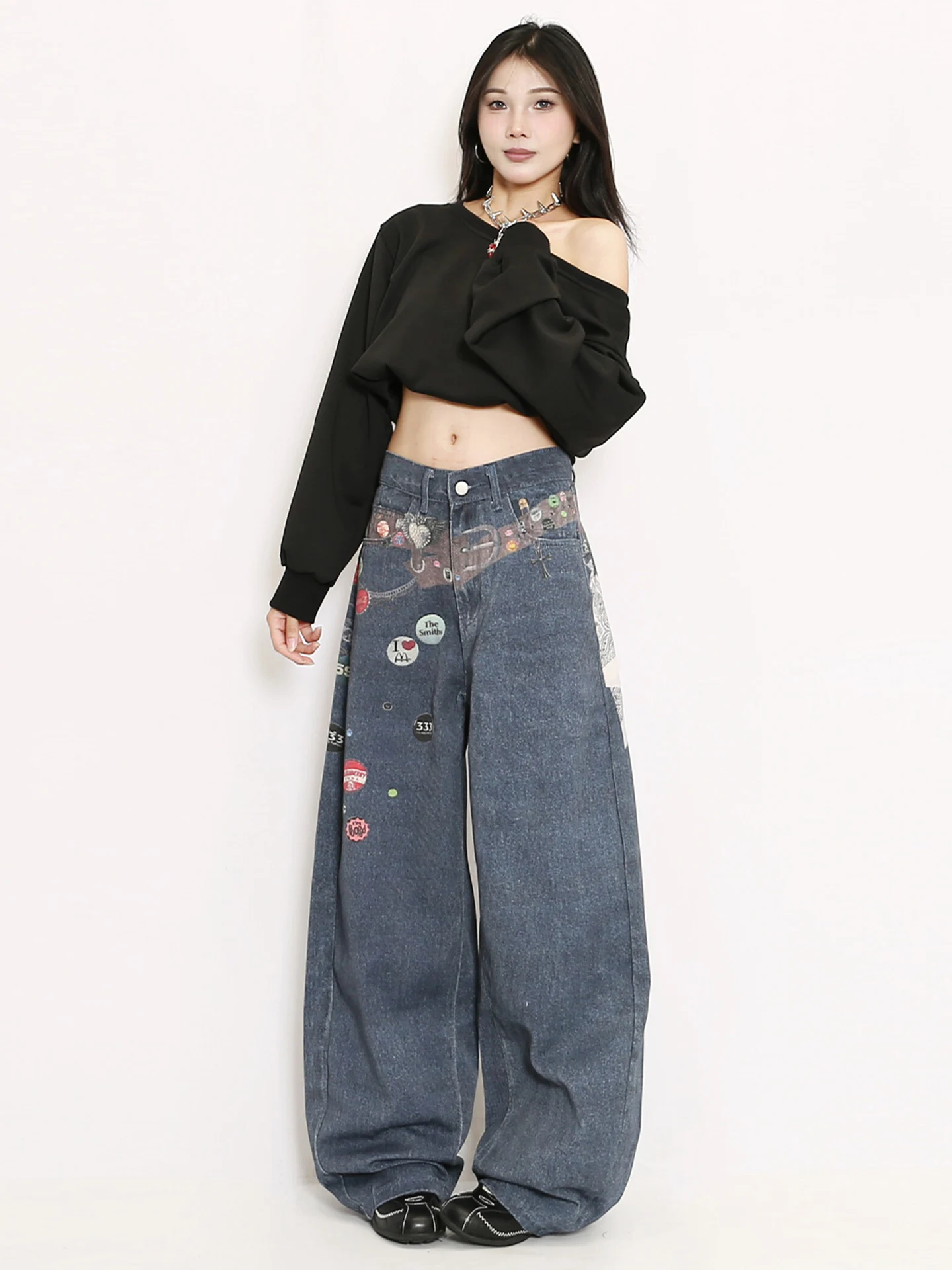 

Осенние новые свободные широкие джинсы в американском стиле ретро, женские джинсовые брюки с высокой талией и поясом, повседневные удобные синие