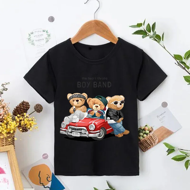 

Skateboard Bear Teddy Bear cartoon Kids Boys/Girls White T-shirt black Summer Funny Clothes Little Baby Y2K Clothes,Drop Ship