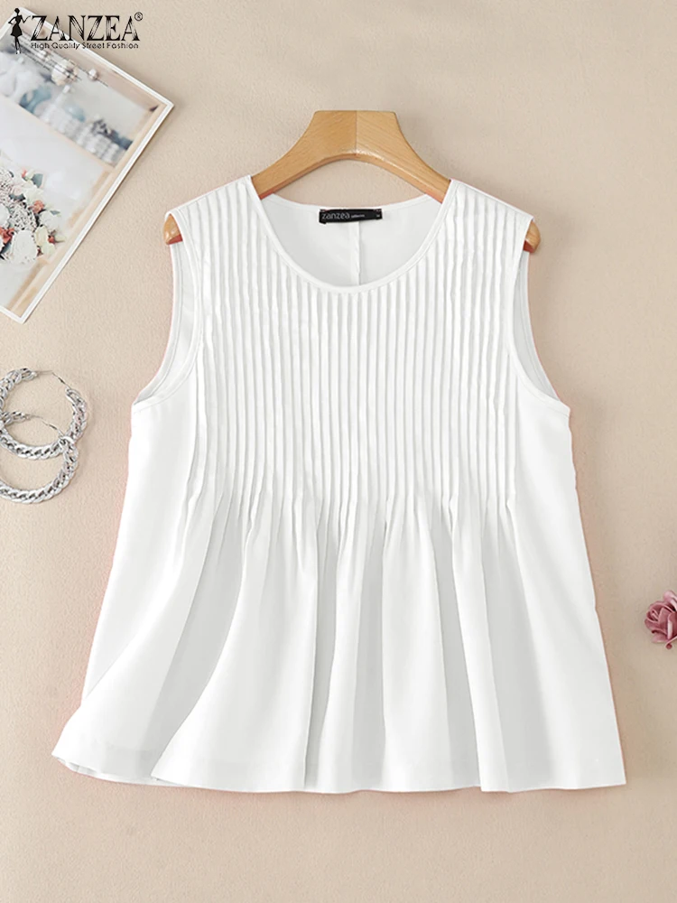 

2025 ZANZEA Women Summer Tanks Tops Solid Camis Fashion Holiday Shirt Casual Sleeveless Pleated Blouse Loose Beach Tees Oversize