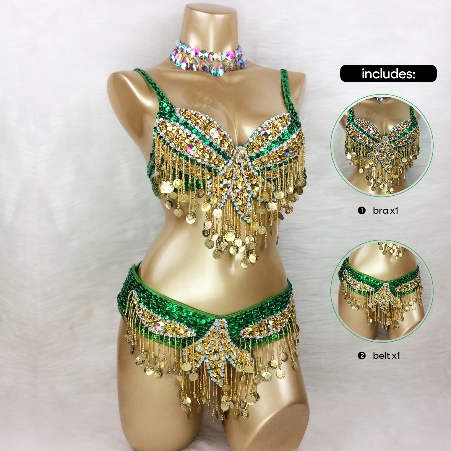 Belly Dance Sexy Bra and Belt 2 PCS Set Sequins For Adult Women Strip Dance Performance Night Club Bar Stage Catwalk Props