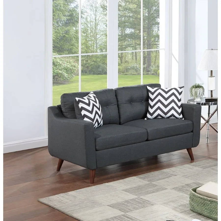 โซฟาเลิฟซีททันสมัยแสนสบาย พร้อมหมอนอิง 2 ชิ้น ชุดโซฟาสีดำ ผ้าโพลีไฟเบอร์ โซฟาบุผ้าแบบมีกระดุม สำหรับห้องนั่งเล่น