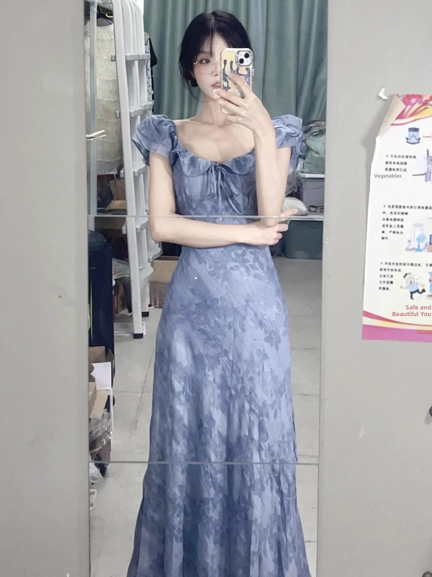 

Платье ROUJE KEFSS синее с цветочным принтом, летнее, для пляжного отдыха, с завышенной талией, длинное, в стиле Commute, с высокой талией, А-силуэт