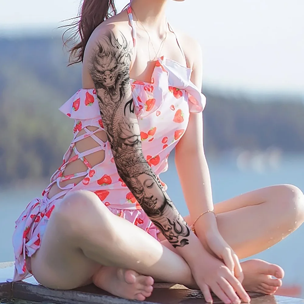 Waterproof Temporary Tattoos for Men and Women - Realistic Full Arm Sleeve Black and White Cross Buddha Design Fake Tatoos