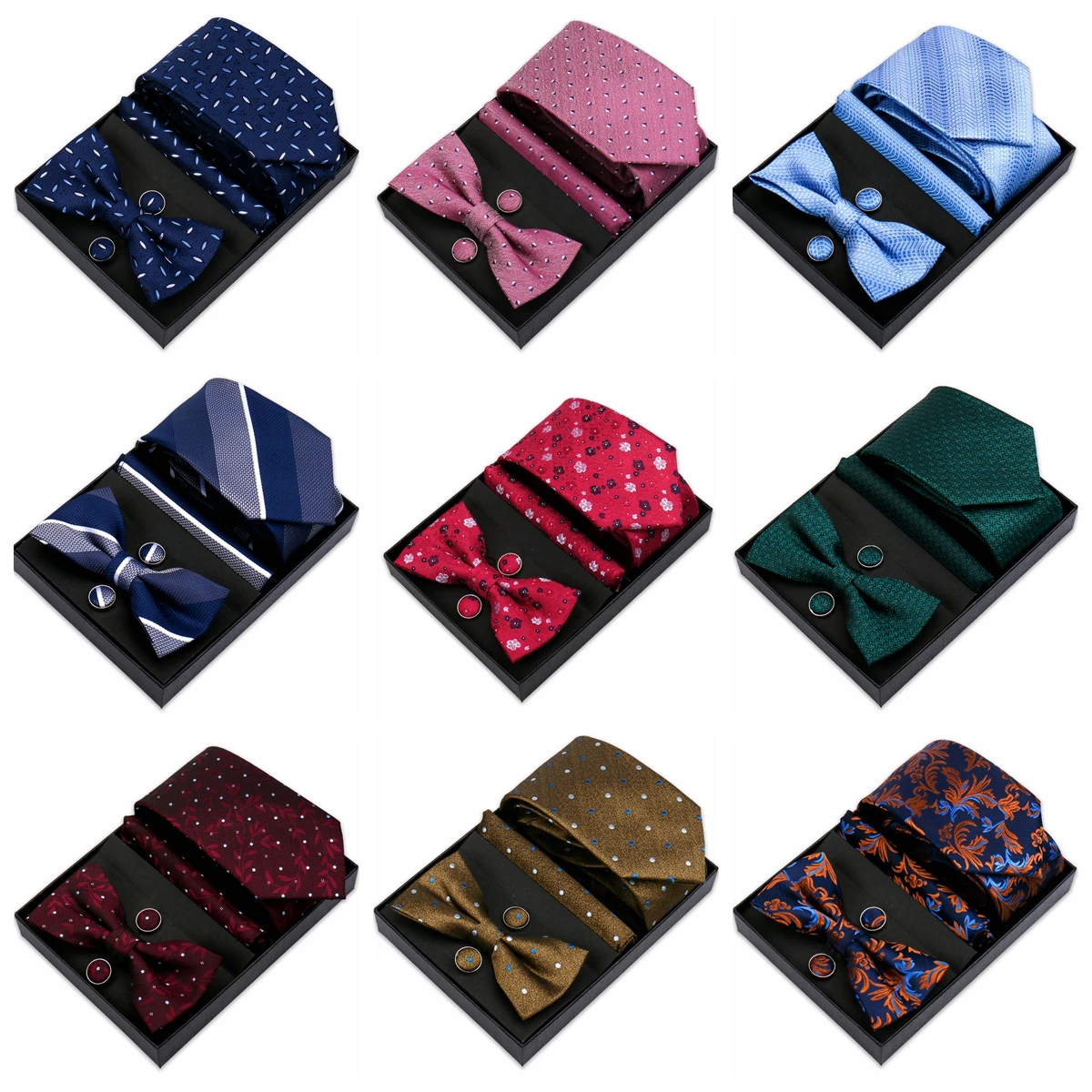 

Necktie Men Business Fashion Silk Tie Hanky Cufflinks Bow Tie Set 7.5cm Necktie For Men Bowties Suit Set Wedding Accessories