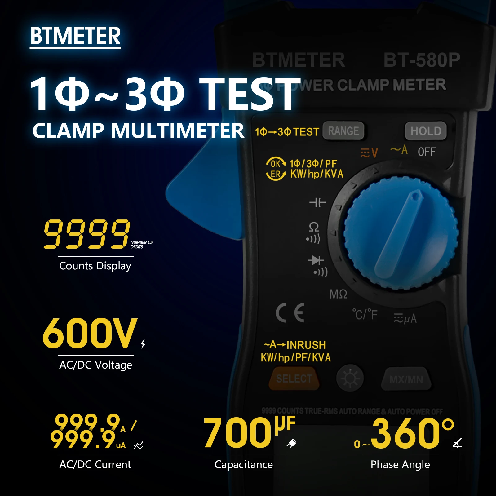 Multimètre de compteur de puissance triphasé, 9999 points, courant de pointe, True RMS,ACV,ACA,KW,KVA, pour Hylique, HOLDPEAK HP-580P