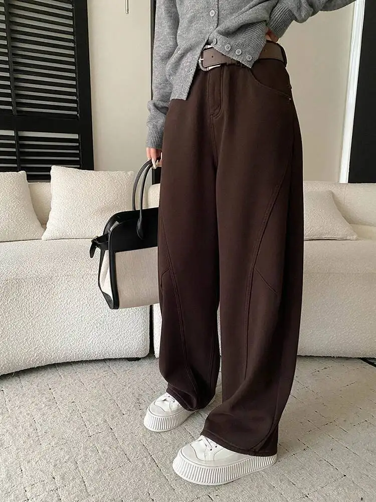 

High Waist Apricot Brief Pocket Thick Long Wide Leg Jeans New Women Trousers Fashion Tide Spring Autumn